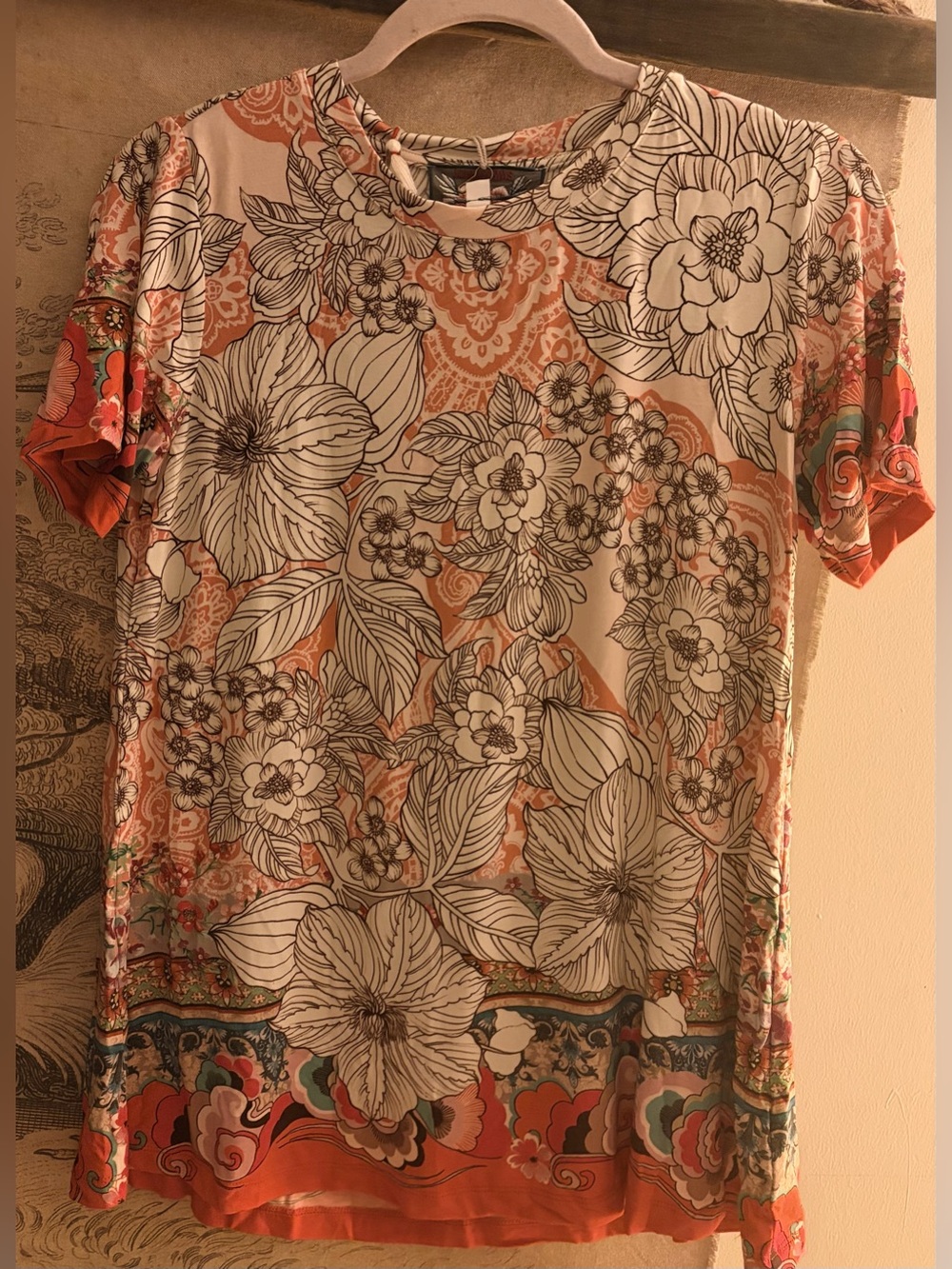 * Johnny Was Boho Floral Print Short Sleeve Tee Top SZ Small *